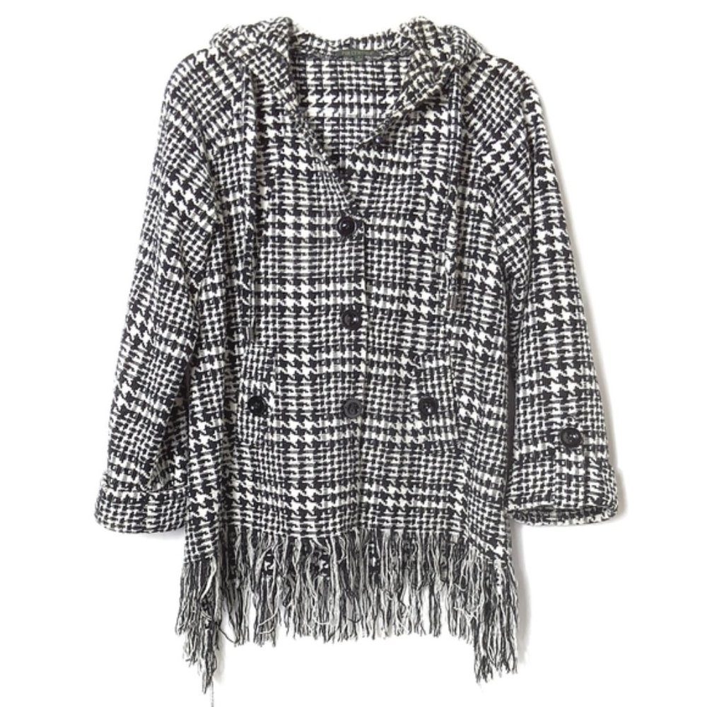 Houndstooth Knit Fringe Swing Jacket
